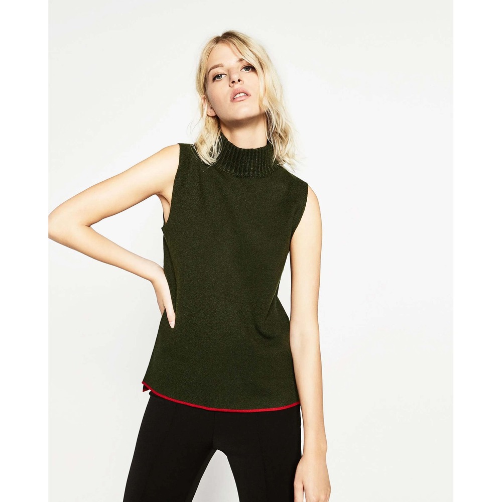 Zara Knit Olivia Palermo Sleeveless Mock Neck Sweater Womens S Green Red Preppy